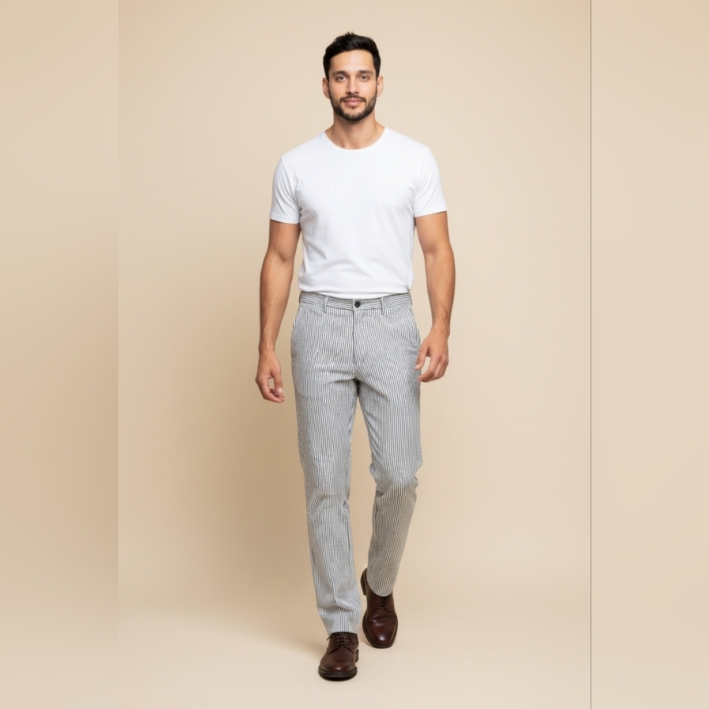 Linea Naturale SZ 34 Flat Front Blue White Micro Pinstripe Cotton Preppy Pants